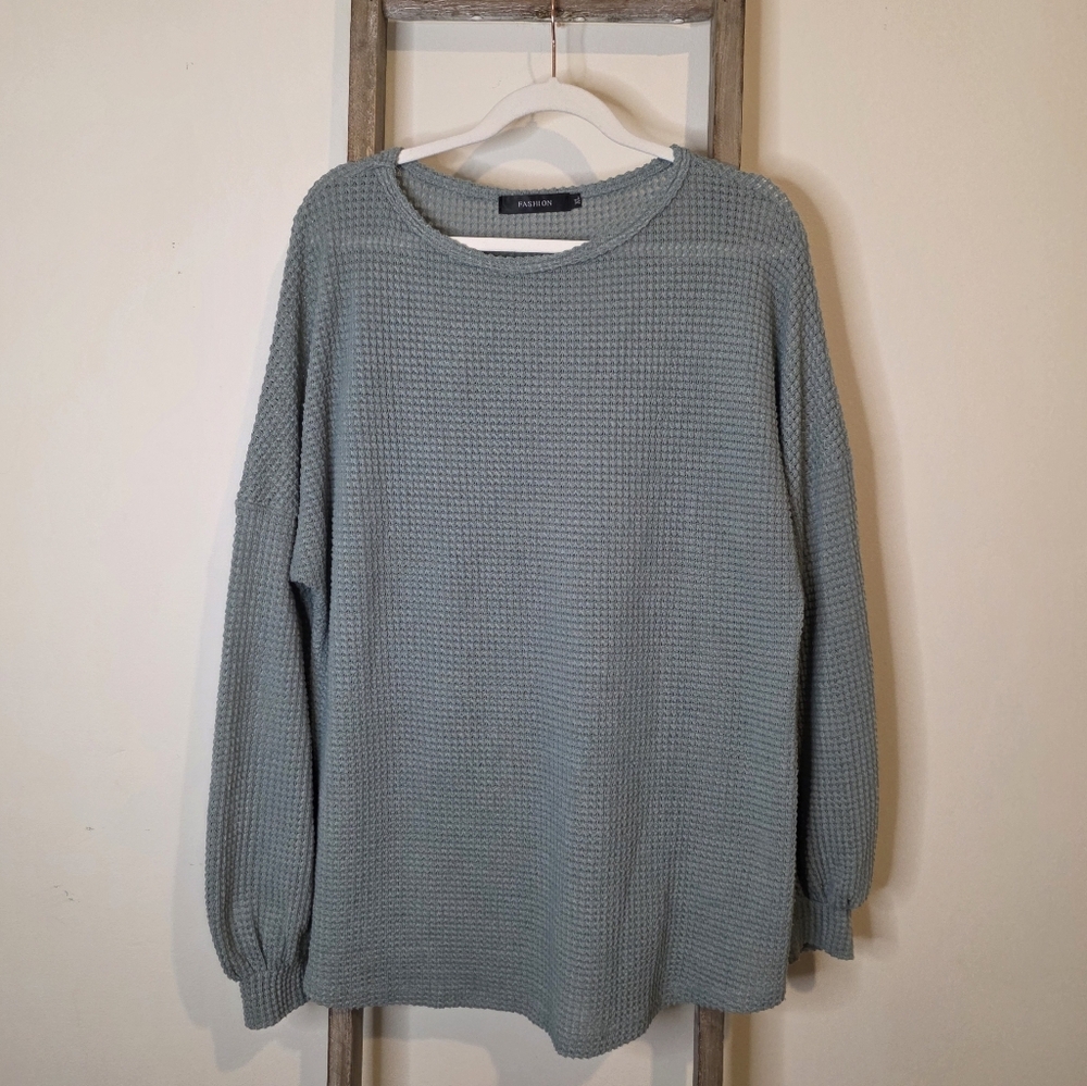 ⭐️40% Off⭐️ Sage Waffle Knit Long Puff Sleeve Tunic Top